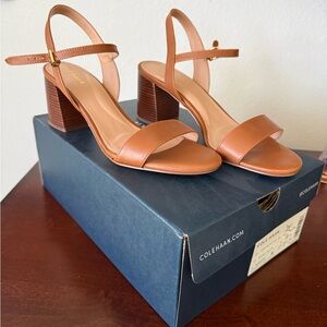 Cole Haan Tan Leather Block Heel Sandals with Ankle Strap